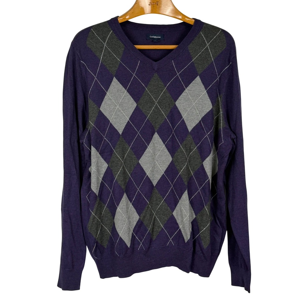Croft & Barrow Sweater Argyle V-Neck Large Purple Grey Cotton Blend